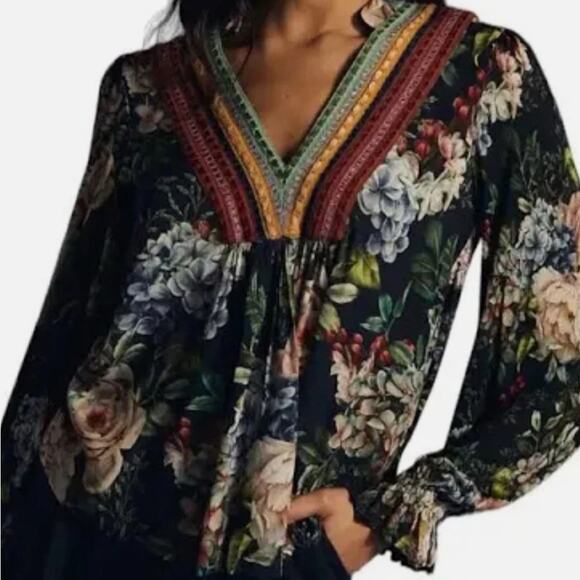 Blank Tops - Blank London Anthropologie Blouse Top Black Floral Embroidered Whimsygoth Boho